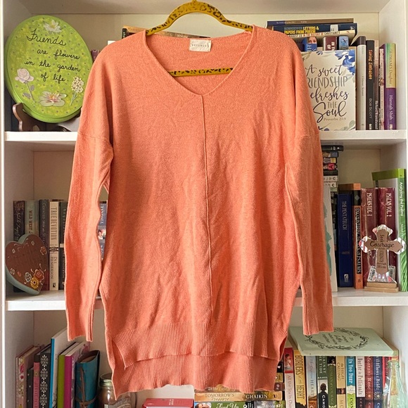 Dreamers | Orange Slouchy High Low Ribbed Detail V-neck Sweater - Picture 2 of 12